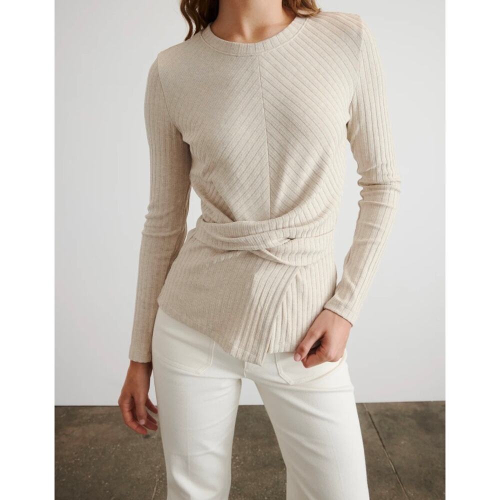Tanya Taylor Kelsey Rib Knit Twist Front Long Sleeve Top Beige M